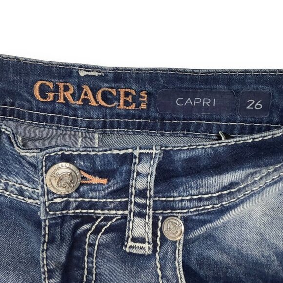 Grace In LA Capri Jeans Womens Sz 26 Blue Embroidered Pockets Distressed Denim - Picture 10 of 13